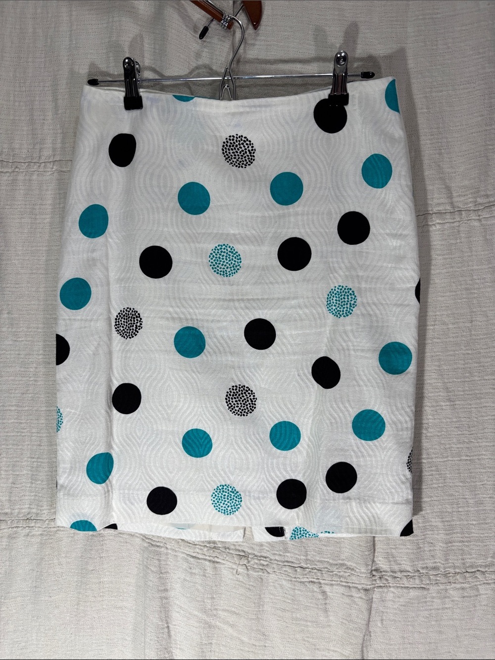Talbots Petites Textured Cotton Polka Dot Pencil Skirt White Teal Black 4P